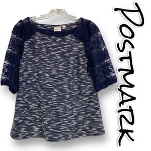 Postmark Anthropologie Parrel Marled Lace Blouse Navy Blue Womens Size Small